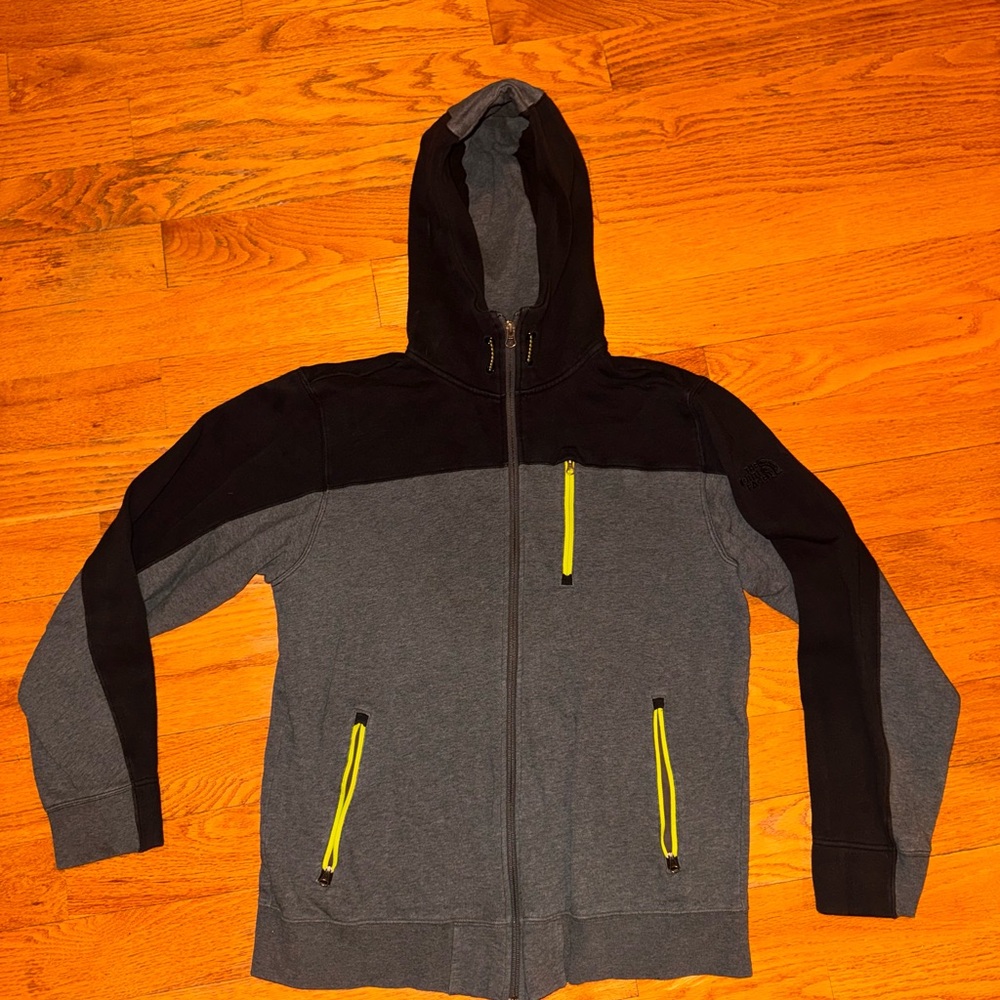 🍎The North Face Gray & Black Zip Hoodie with Neon Yellow Trim